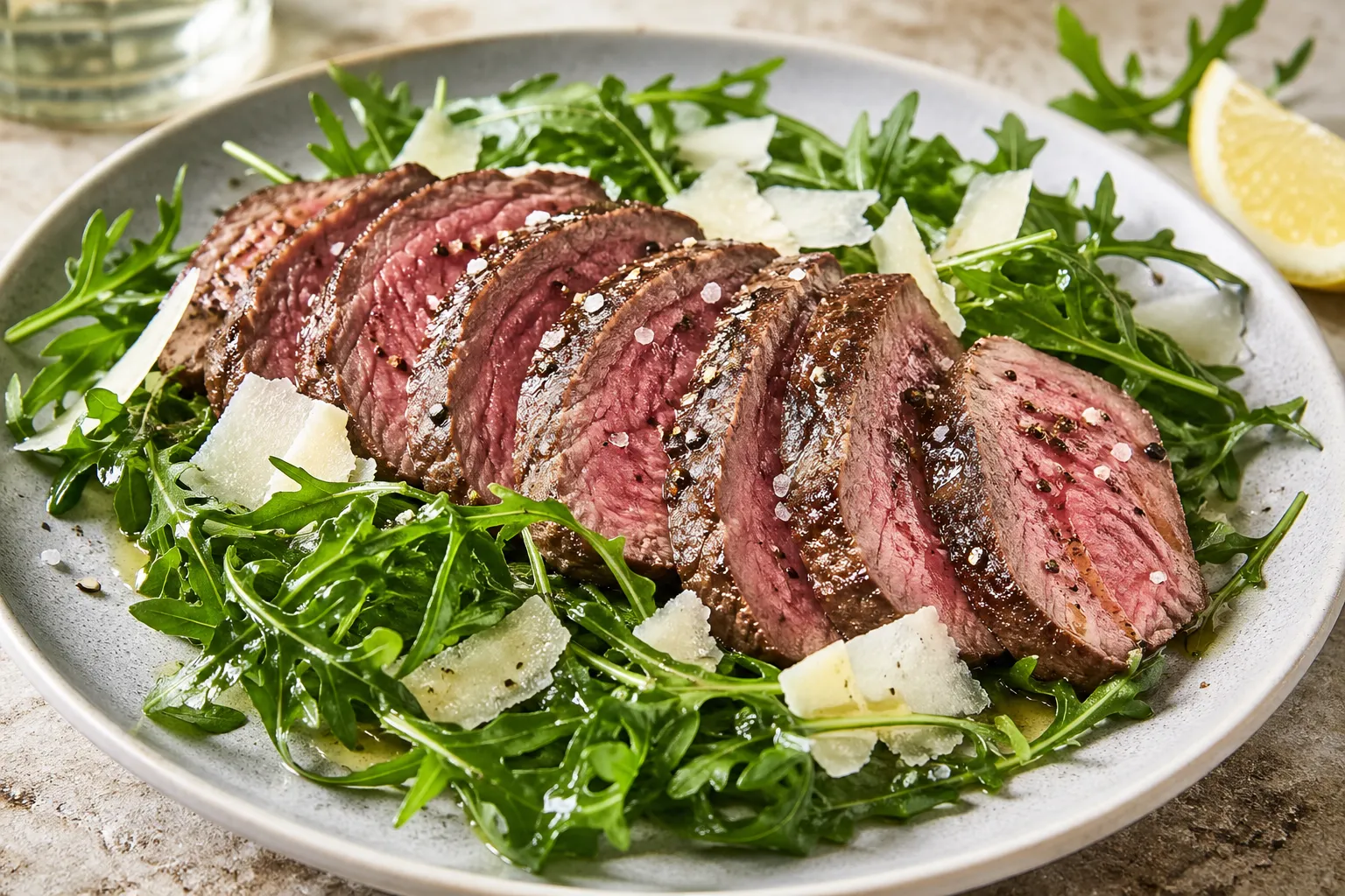 Keto Rinderfilet medium gebraten auf frischem Rucola mit Parmesanspänen und Olivenöl auf dem Teller