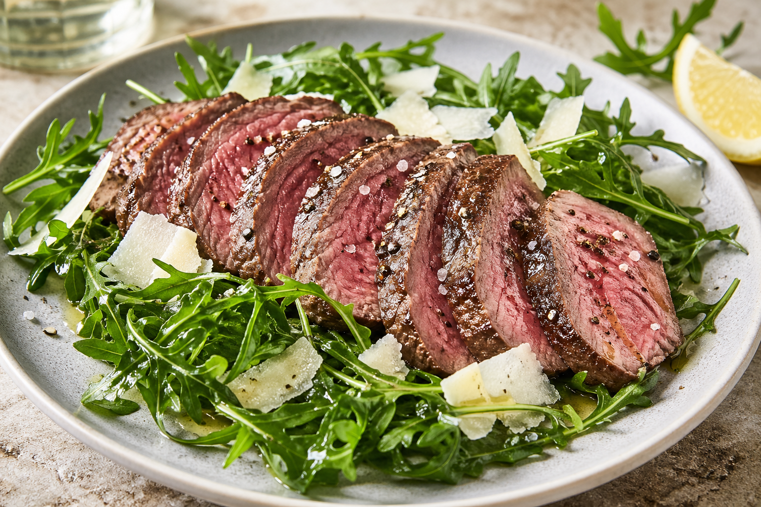 Keto Rinderfilet medium gebraten auf frischem Rucola mit Parmesanspänen und Olivenöl auf dem Teller
