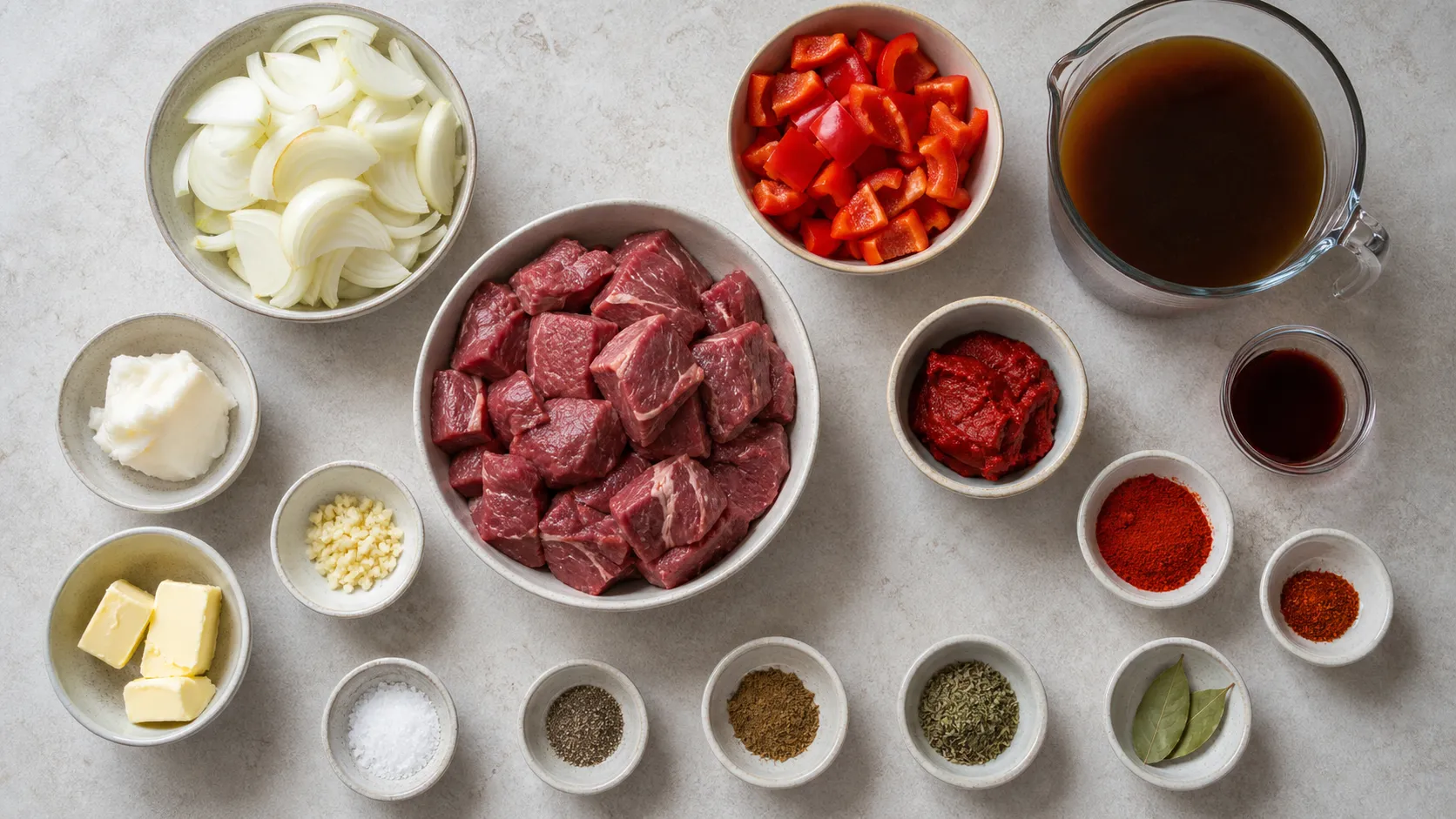 Zutaten für Keto Rindergulasch: gewürfelte Rinderwade, Zwiebeln, Paprika, Tomatenmark und Paprikapulver