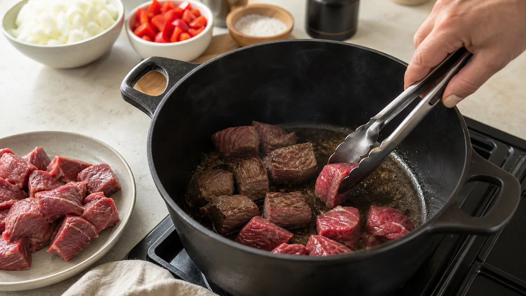 Rindfleischwürfel werden portionsweise in einem Schmortopf scharf angebraten