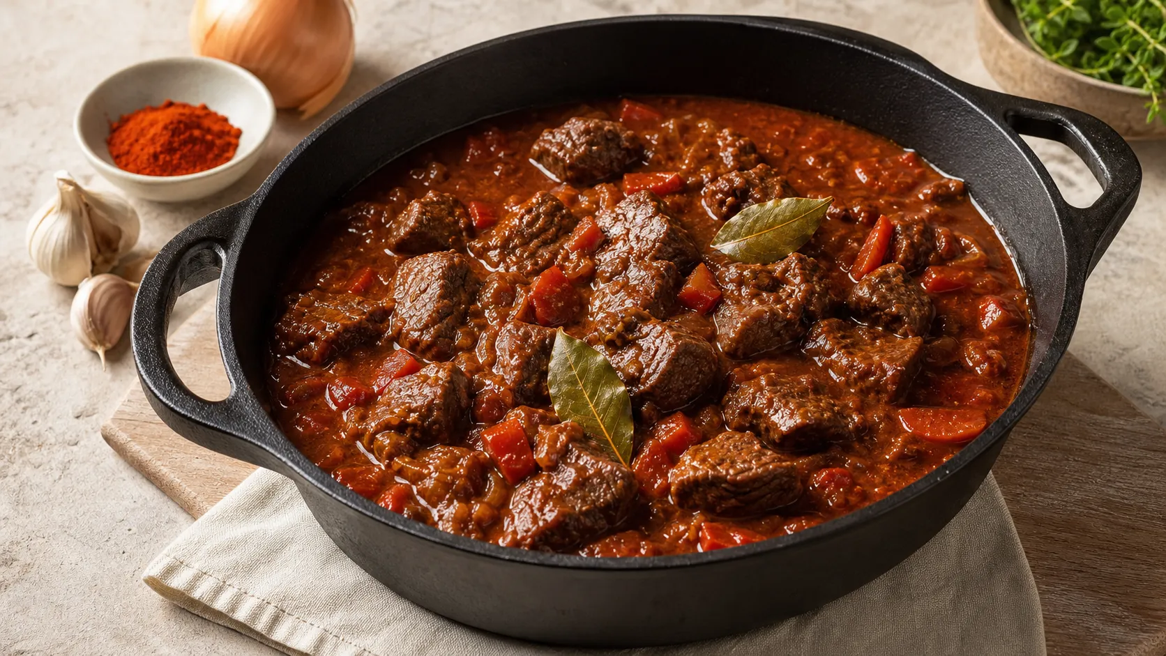 Keto Rindergulasch mit dunkler Paprikasauce in einem gusseisernen Schmortopf