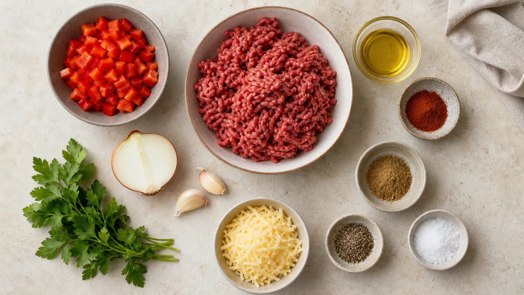 Zutaten für Keto Rinderhack-Paprika-Pfanne: Hackfleisch, rote Paprika, Gouda, Zwiebel und Gewürze