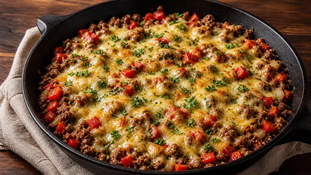 Keto Rinderhack-Paprika-Pfanne mit goldener Gouda-Käsehaube und Petersilie