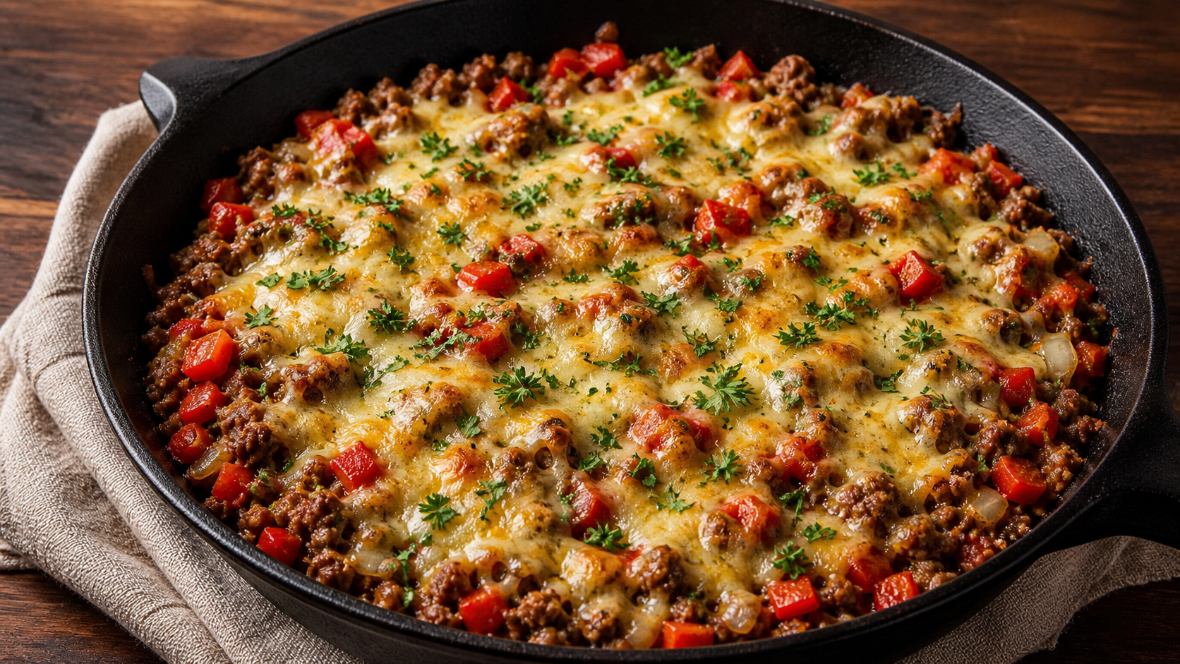 Keto Rinderhack-Paprika-Pfanne mit goldener Gouda-Käsehaube und Petersilie
