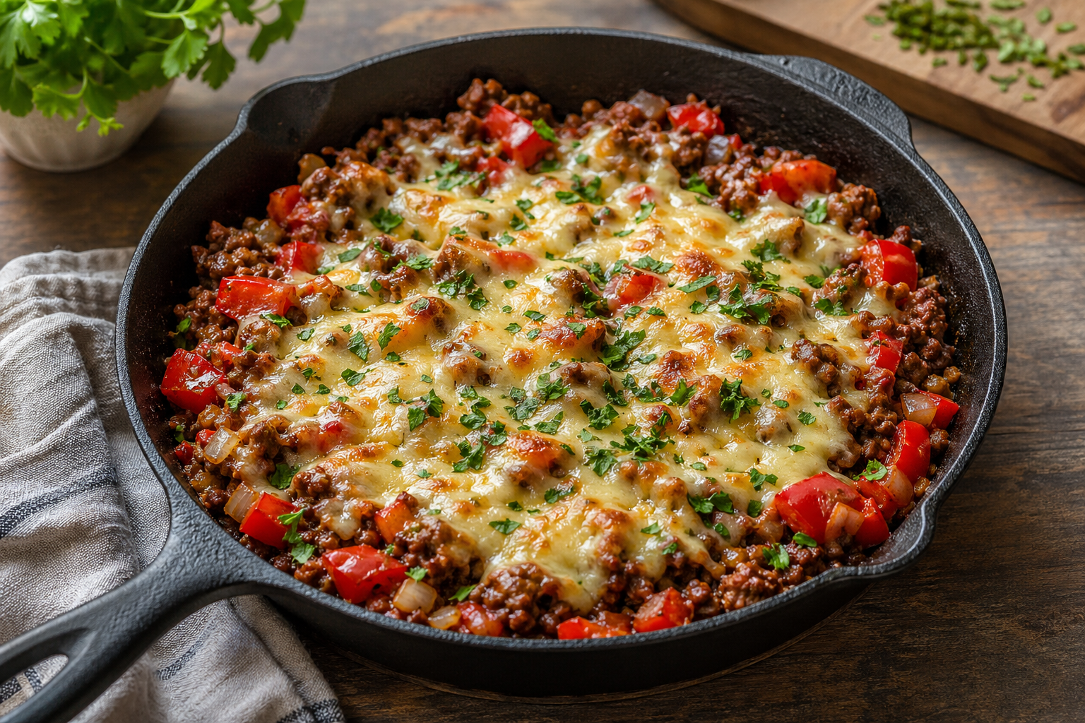 Keto-Rinderhack-Paprika-Pfanne mit geschmolzener Käsehaube und frischer Petersilie in einer Eisenpfanne