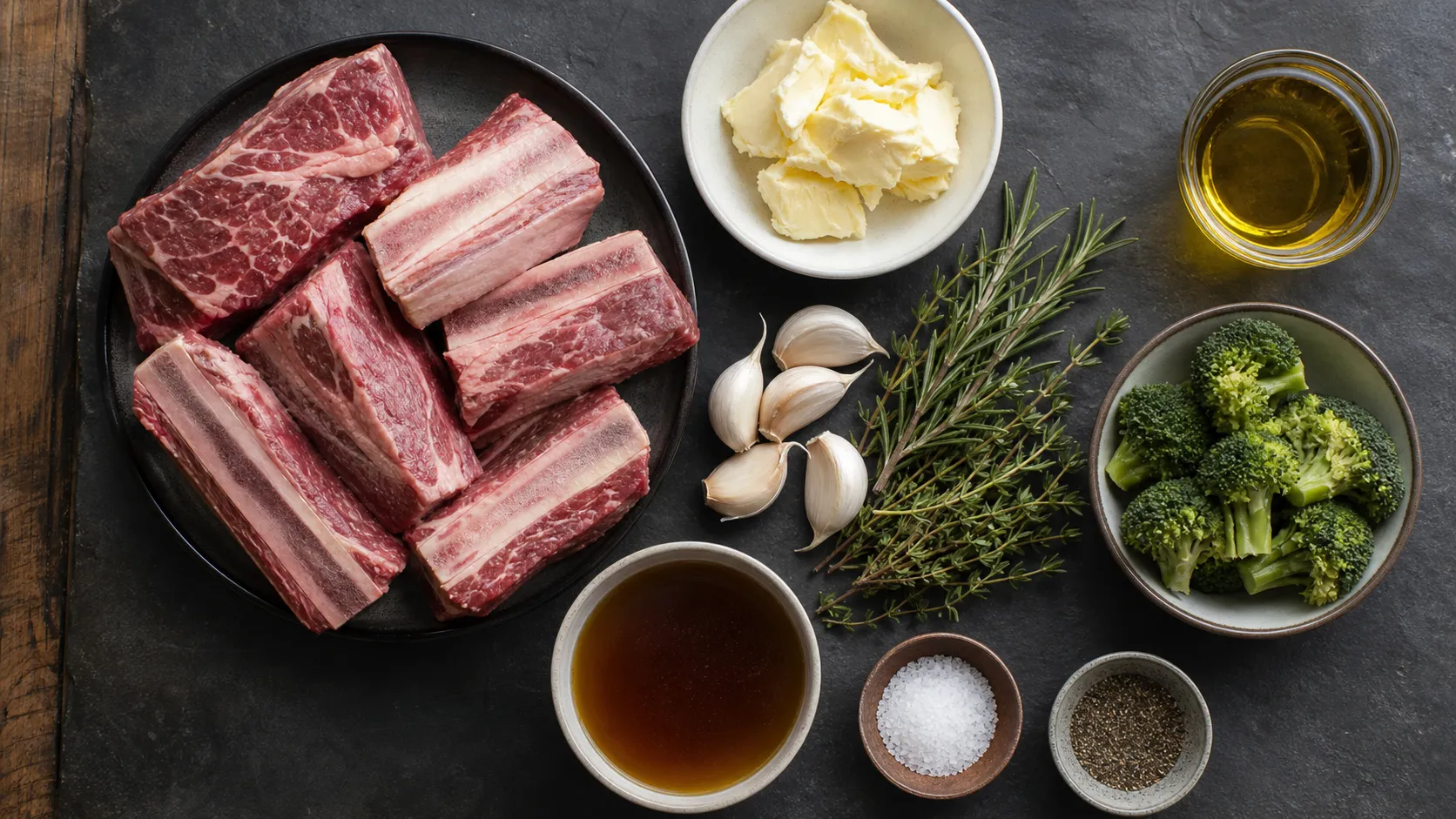 Zutaten für Keto Rinderrippen mit Knoblauchbutter als Flatlay