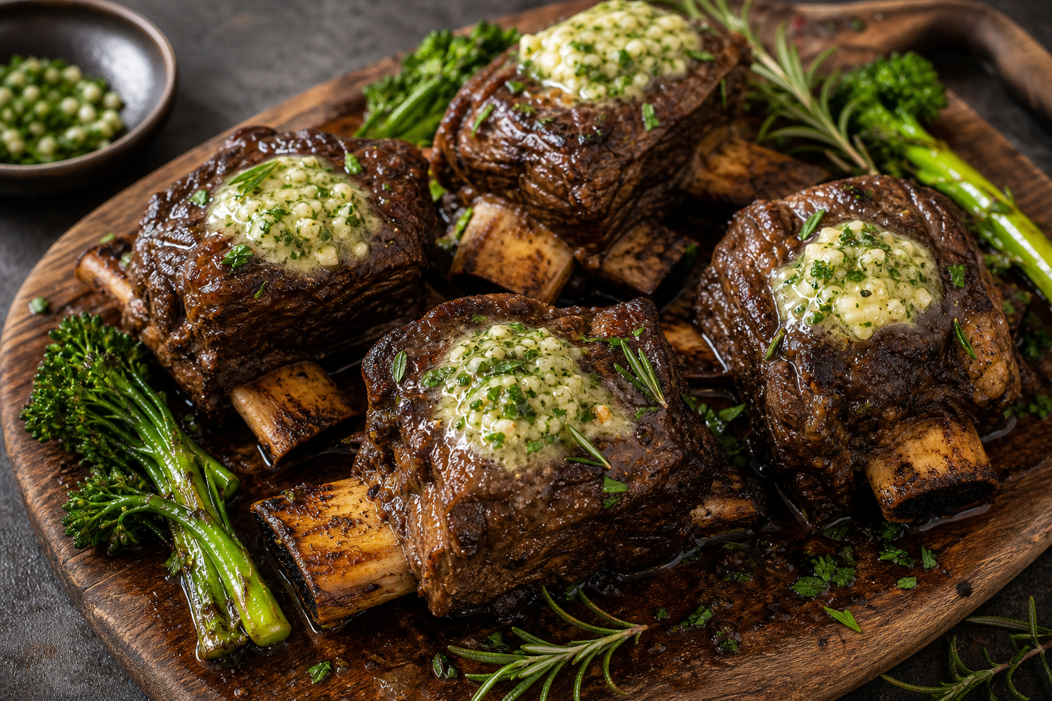 Keto geschmorte Rinderrippen mit Knoblauch-Kräuterbutter auf einem rustikalen Holzbrett