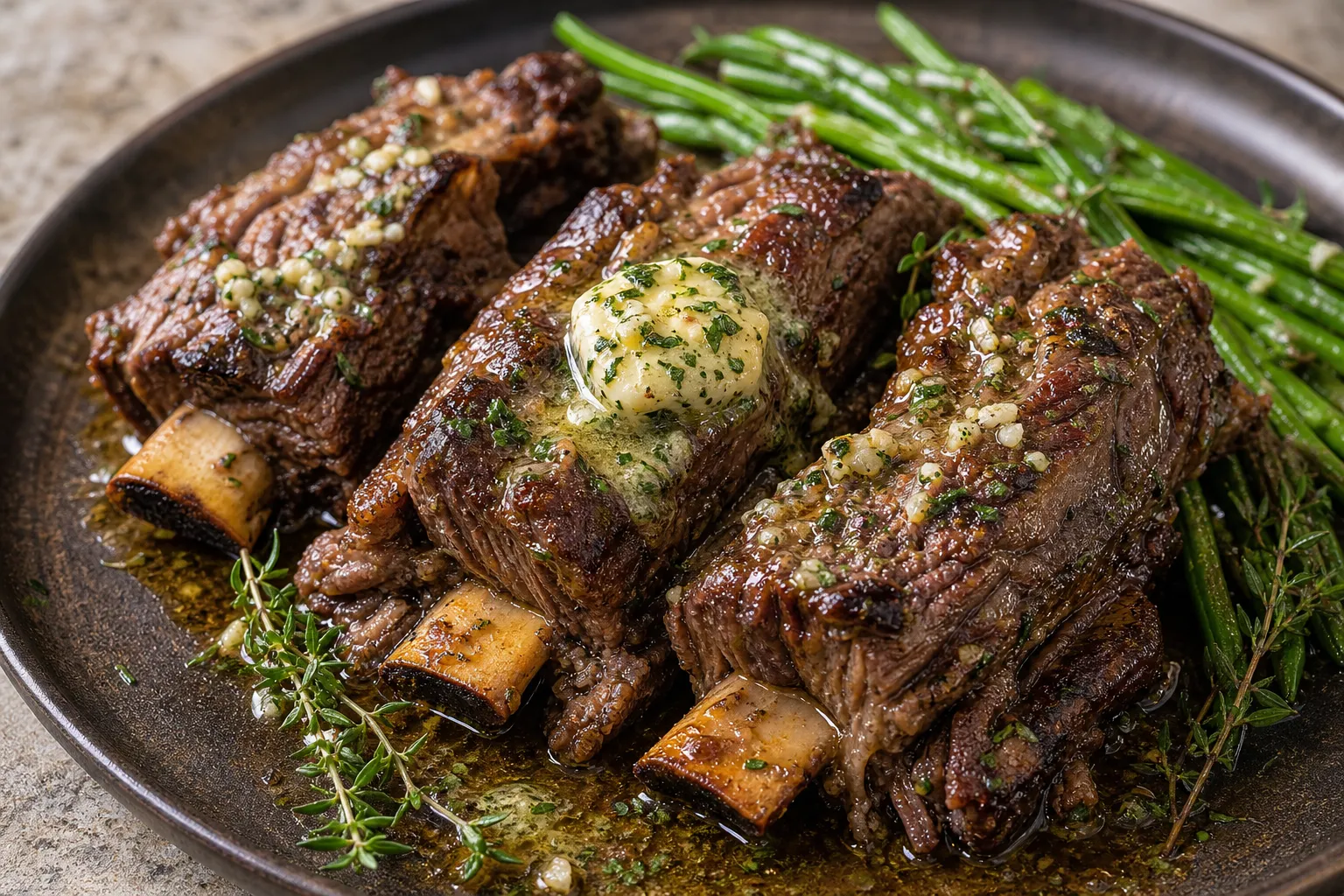 Fertige Keto Rinderrippen auf einem Holzbrett mit geschmolzener Knoblauchbutter