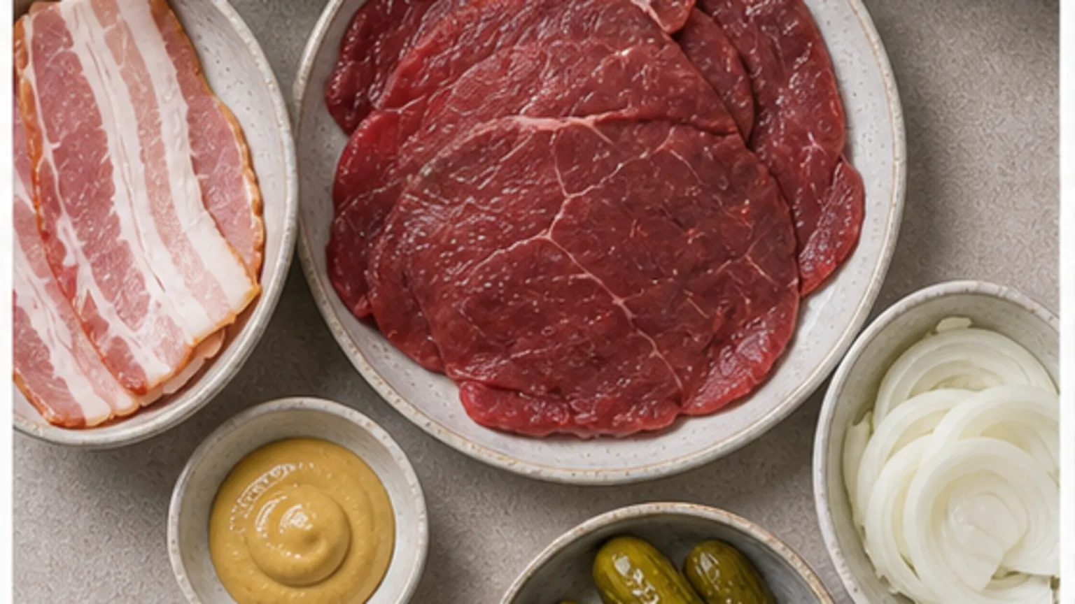 Zutaten für Keto Rinderrouladen mit Blumenkohlpüree: 4 Rinderrouladen, durchwachsener Speck, Gewürzgurke, Zwiebel, Dijonsenf