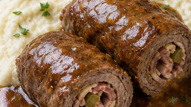 Keto Rinderrouladen mit Blumenkohlpüree fertig angerichtet als ketogenes Rezept