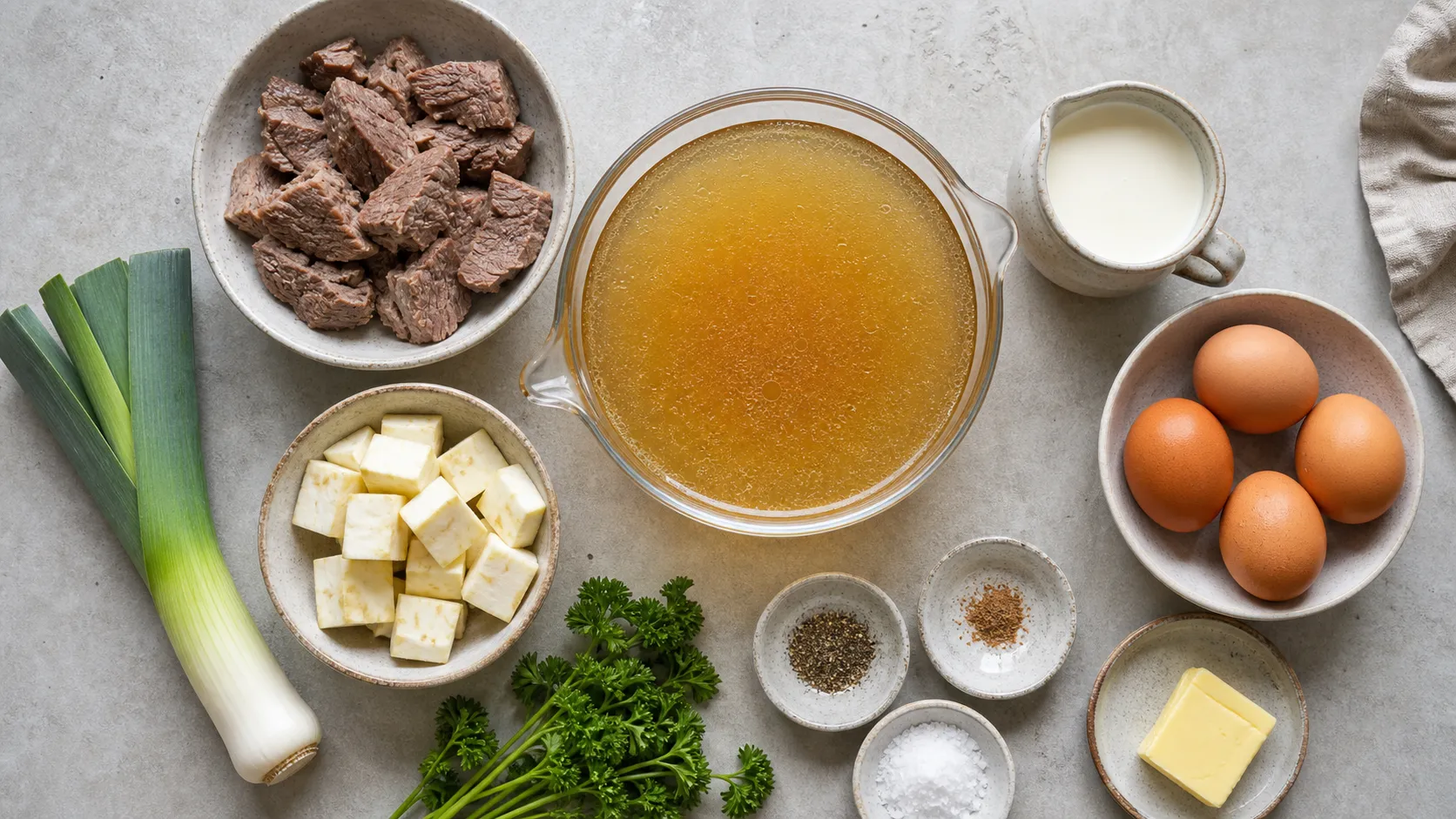 Zutaten für Keto-Rindersuppe: Rinderbrühe, Eier, Sahne, Lauch, Sellerie und gekochtes Rindfleisch