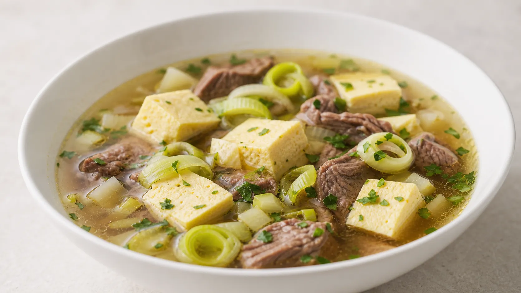 Klare Keto-Rindersuppe mit gelben Eierstich-Würfeln, Lauchringen und Petersilie in einem Suppenteller