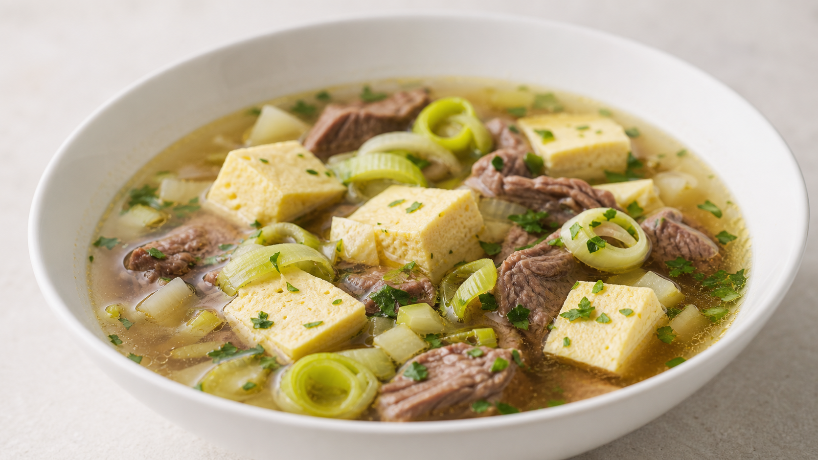 Klare Keto-Rindersuppe mit gelben Eierstich-Würfeln, Lauchringen und Petersilie in einem Suppenteller