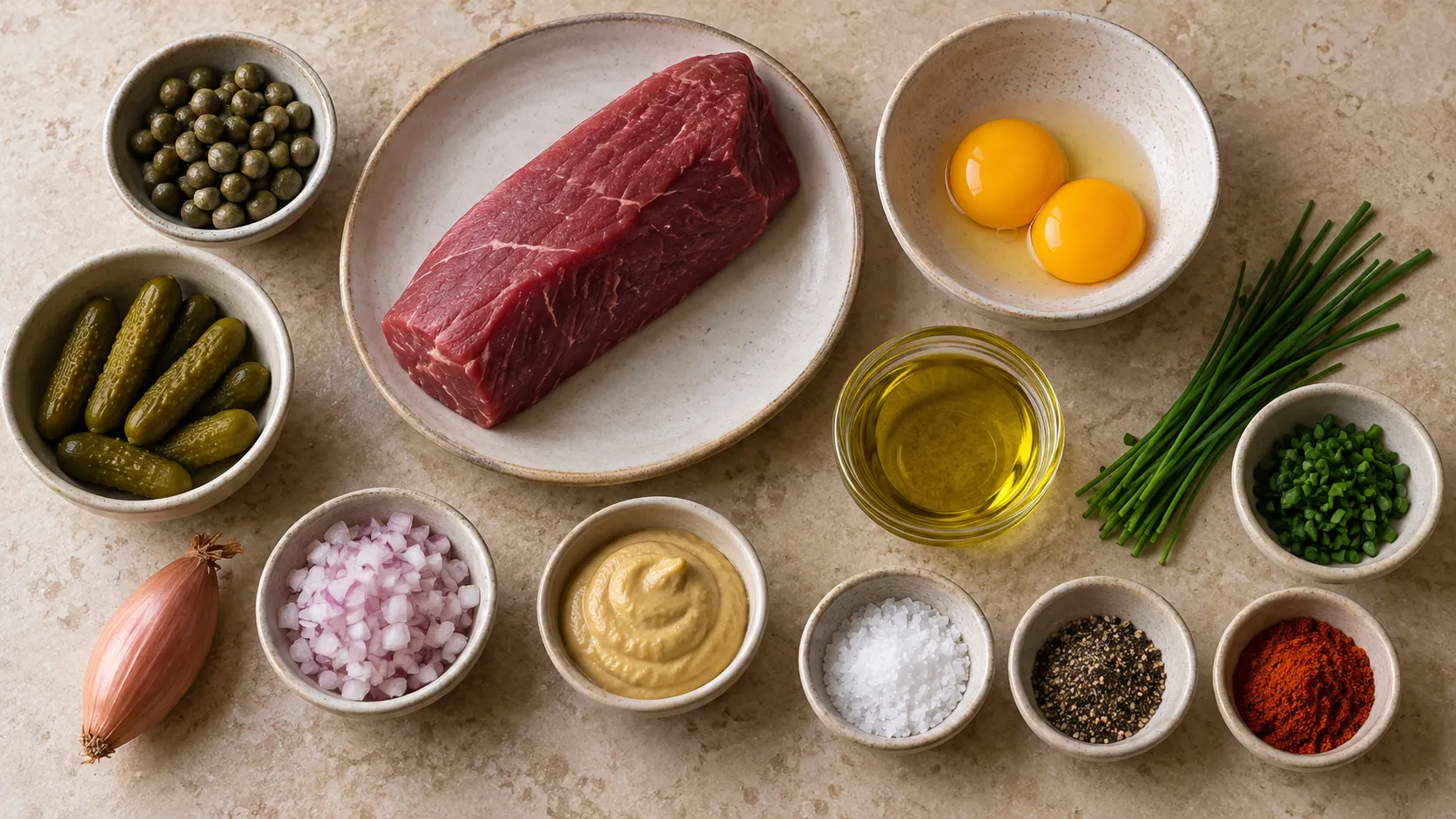 Zutaten für Keto-Rindertatar: ein Stück Rinderfilet, Eigelbe, Kapern, Cornichons, eine Schalotte, Dijonsenf, Olivenöl, Schnittlauch und Pfeffer
