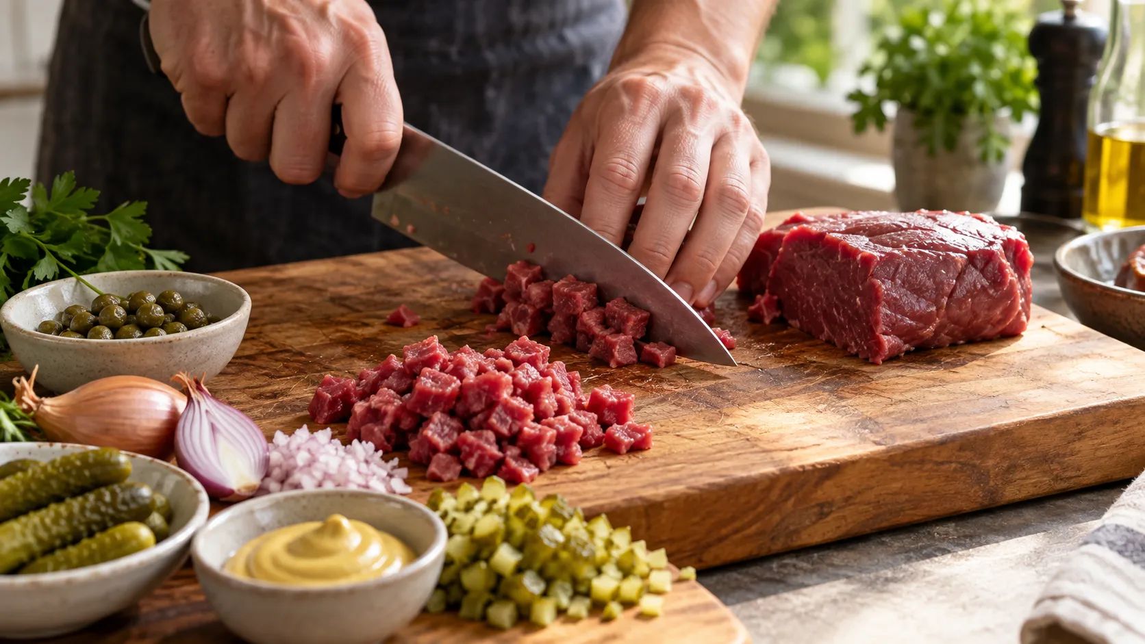 Ein sehr scharfes Messer schneidet gekühltes Rinderfilet zuerst in dünne Scheiben, dann in Streifen und zuletzt in feine Würfel