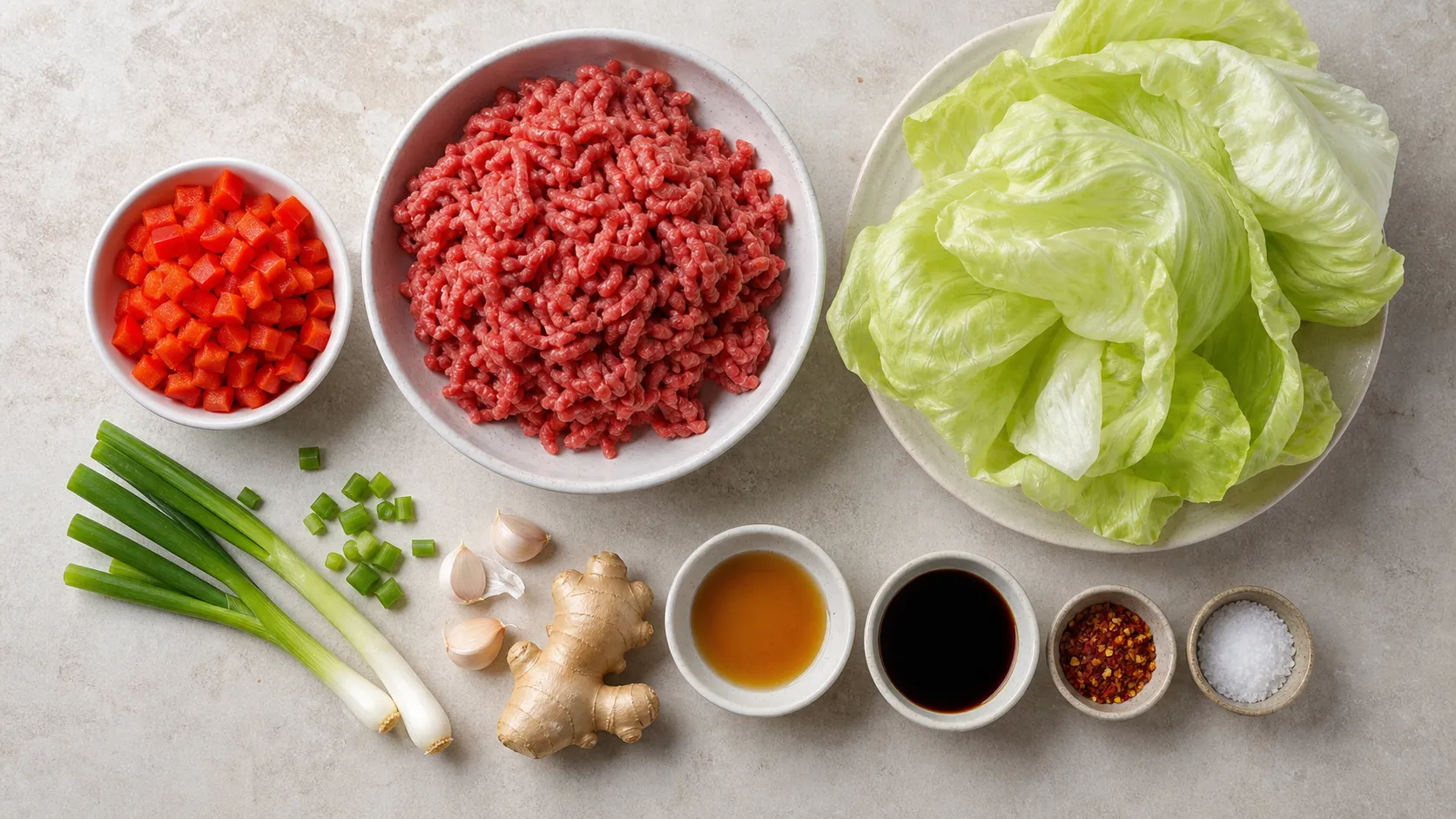 Zutaten für Keto Rindfleisch-Lettuce-Wraps: Rinderhack, Eisbergsalat, rote Paprika, Frühlingszwiebeln, Knoblauch, Ingwer, Sesamöl und Sojasauce
