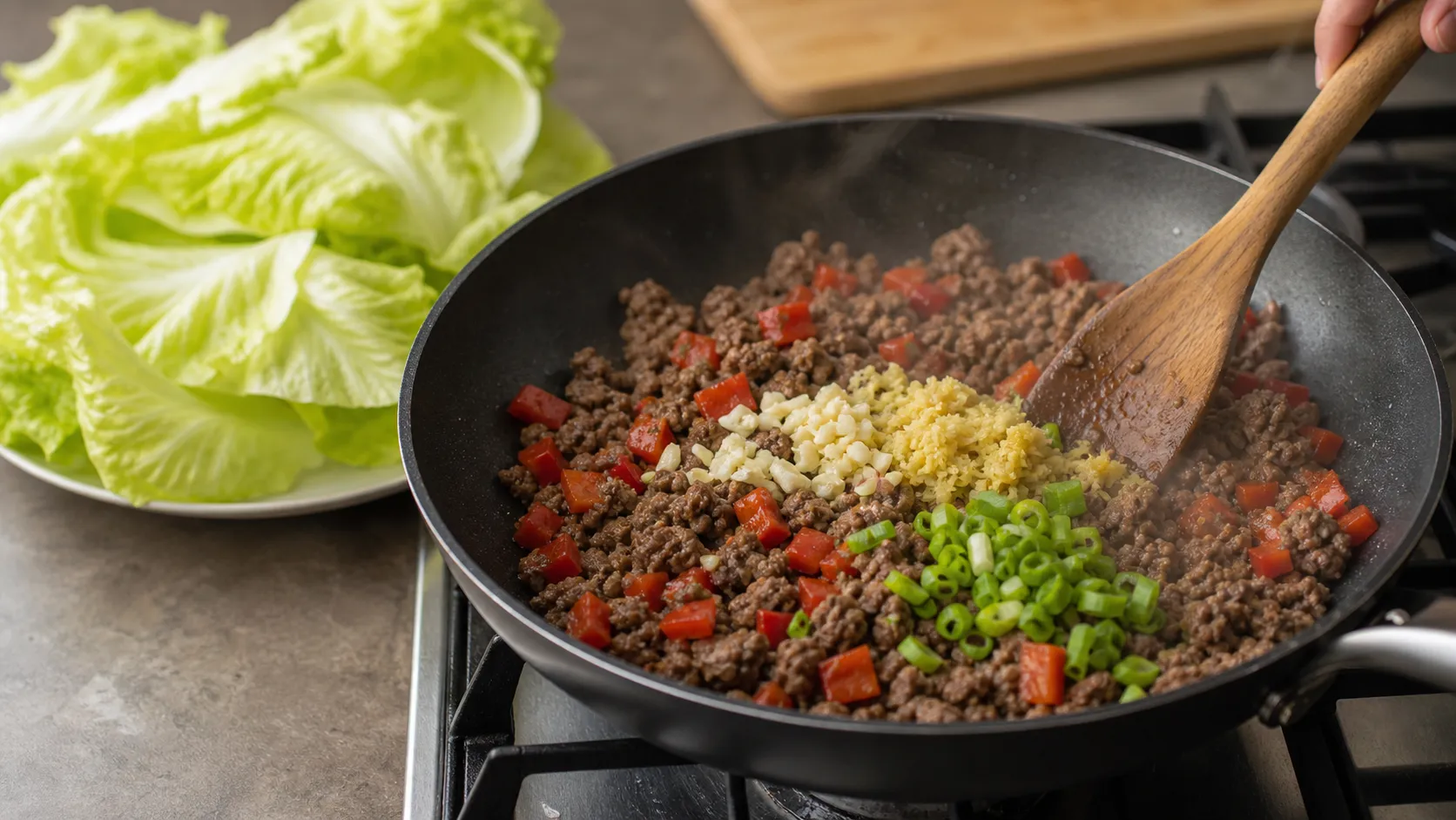 Rinderhackfleisch mit roter Paprika, Knoblauch, Ingwer und Frühlingszwiebeln wird in einer Pfanne angebraten