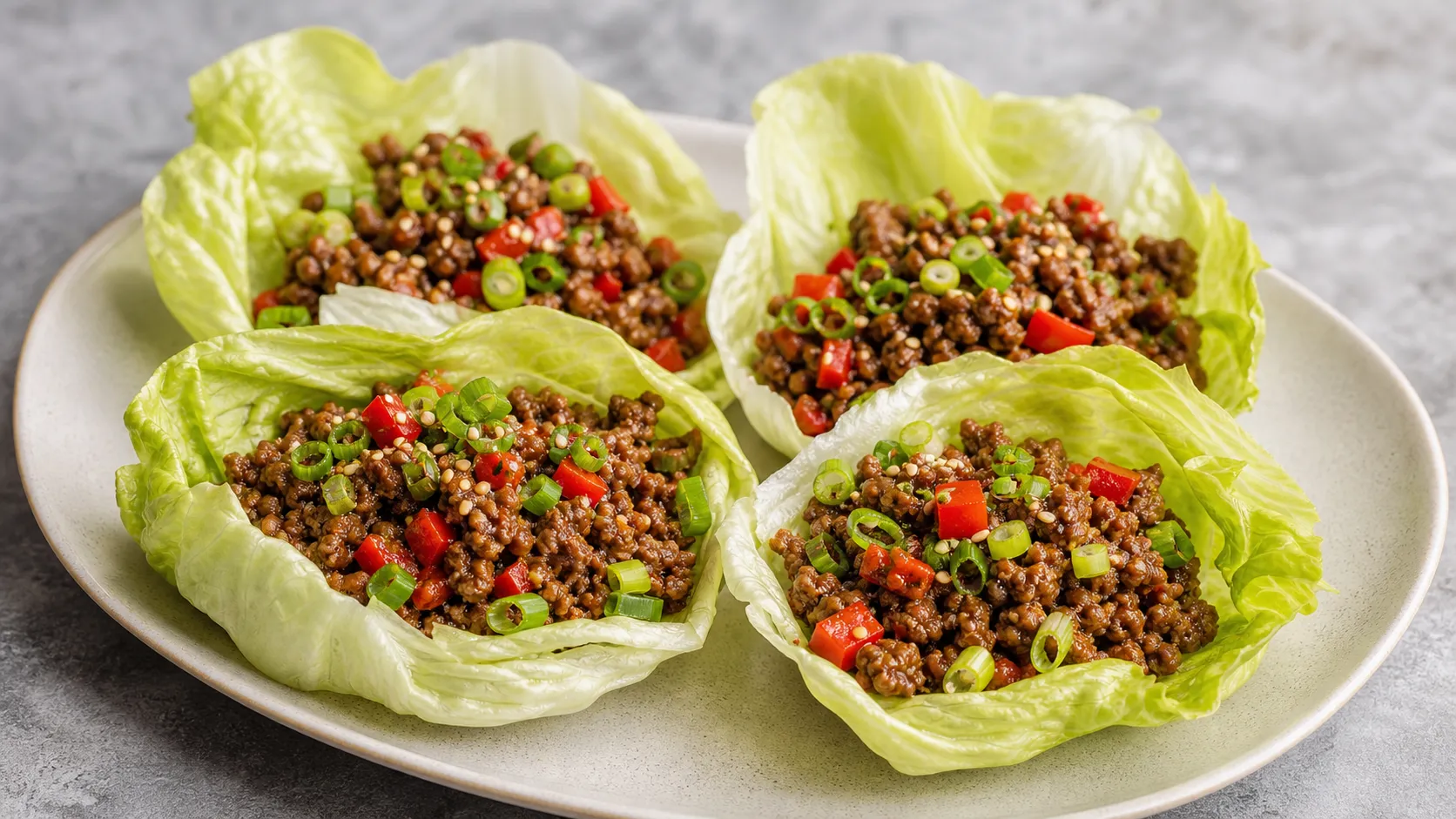 Keto Rindfleisch-Lettuce-Wraps mit gebratenem Rinderhack, roter Paprika und Frühlingszwiebeln in Eisbergsalatblättern