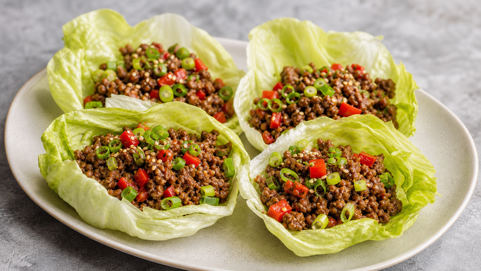 Keto Rindfleisch-Lettuce-Wraps mit gebratenem Rinderhack, roter Paprika und Frühlingszwiebeln in Eisbergsalatblättern