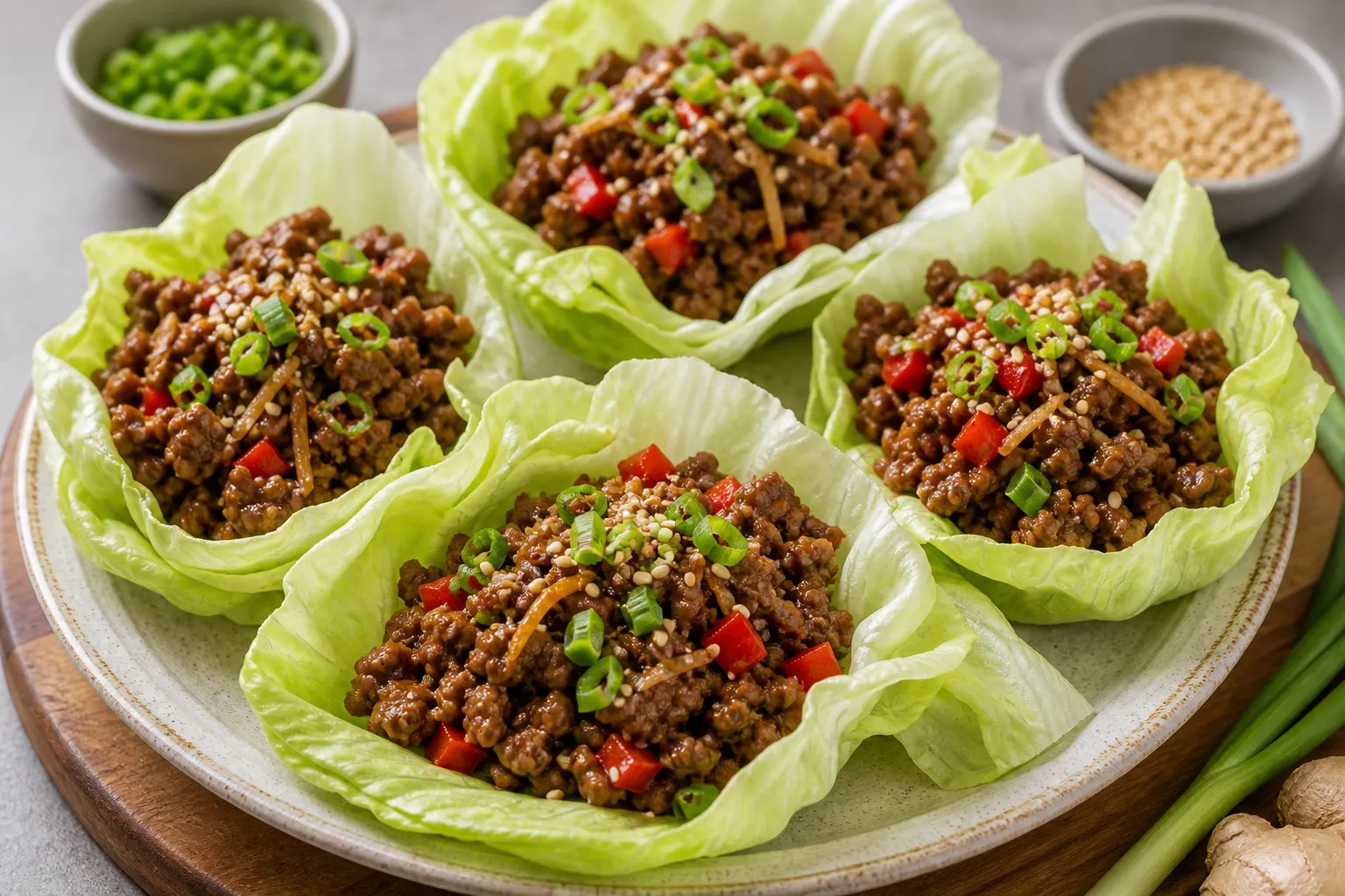 Keto Rindfleisch-Lettuce-Wraps mit gewürztem Rinderhack, Paprika und Sesam in Salatblättern angerichtet