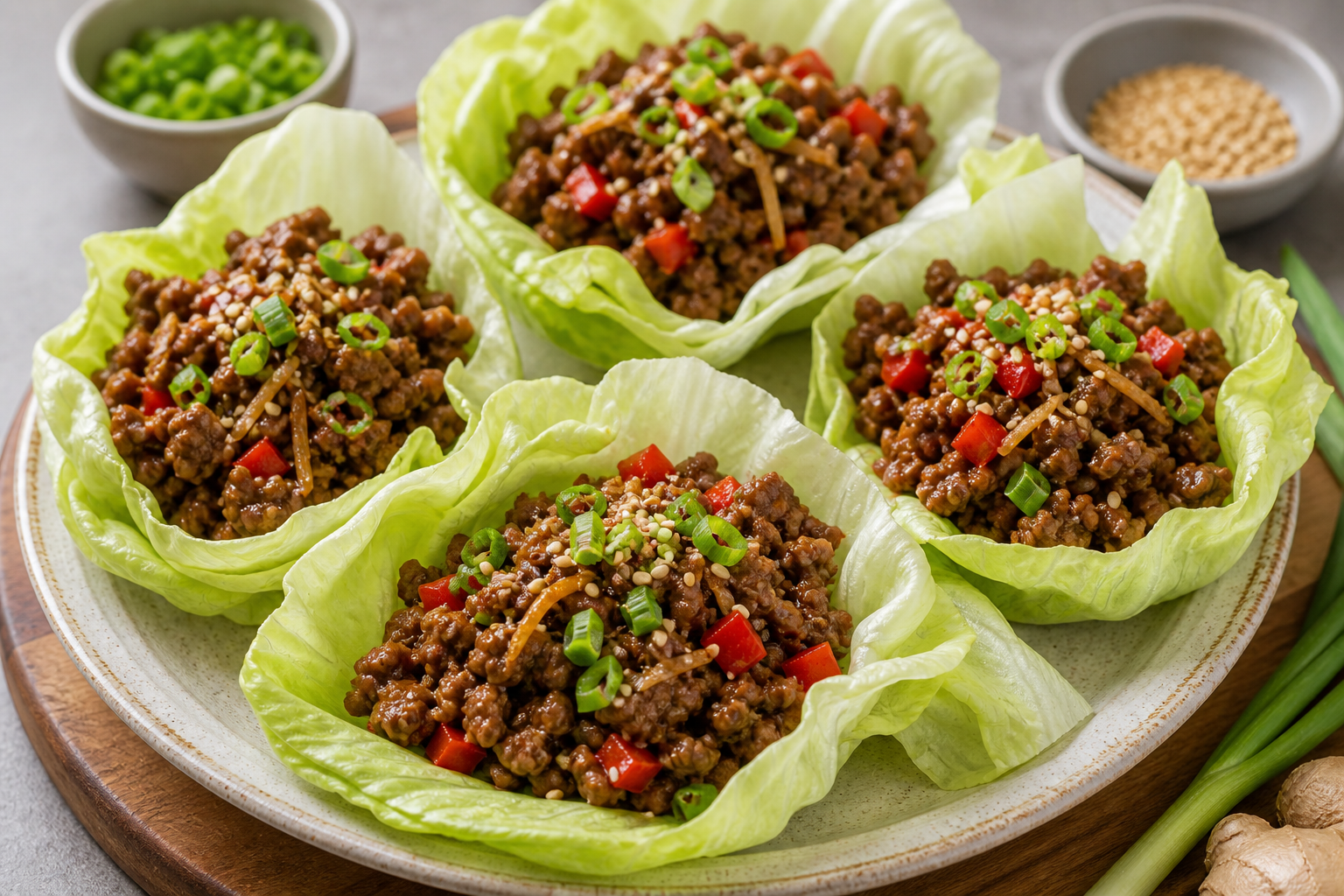 Keto Rindfleisch-Lettuce-Wraps mit gewürztem Rinderhack, Paprika und Sesam in Salatblättern angerichtet