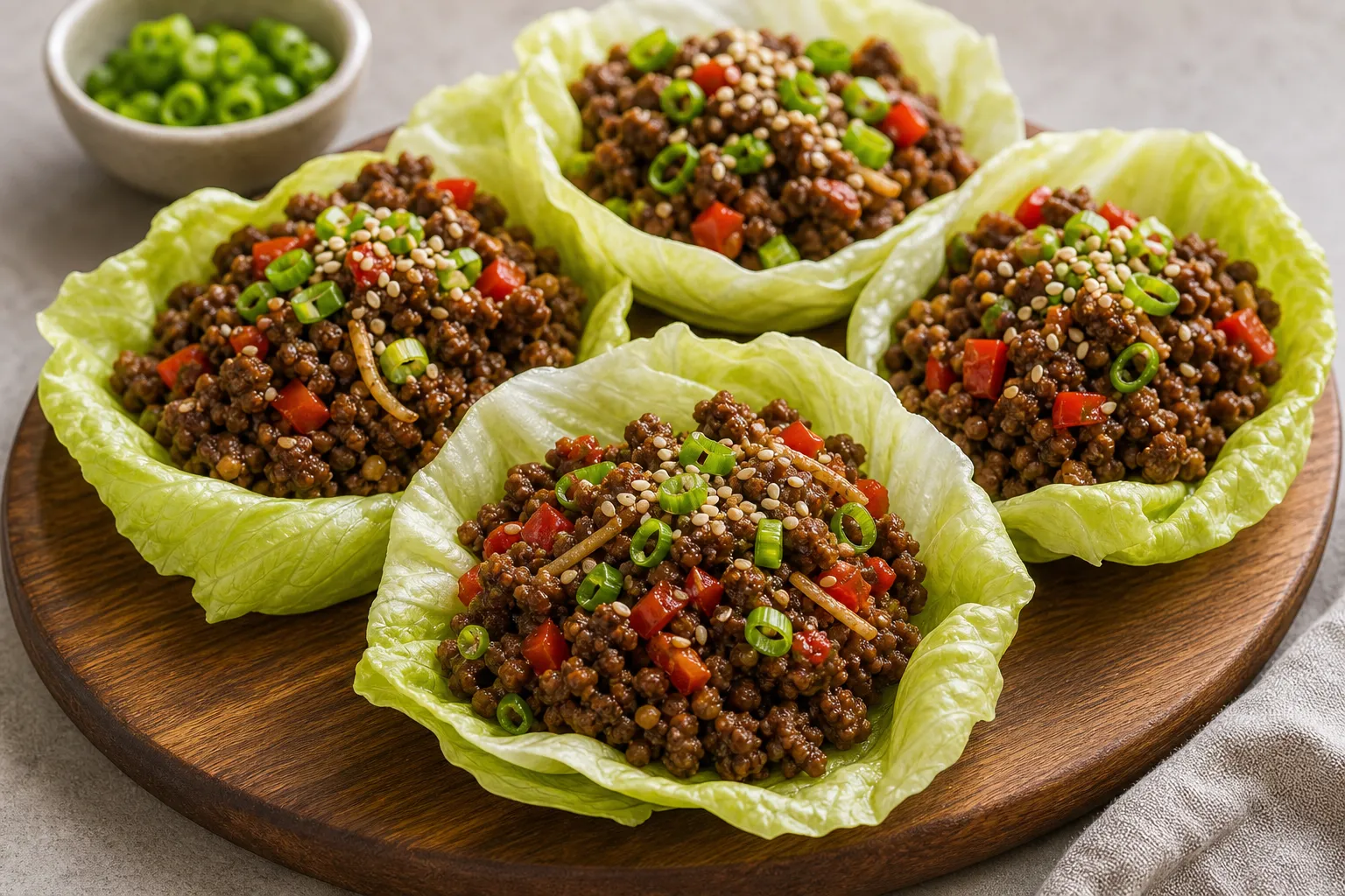 Fertige Keto Lettuce Wraps mit Rindfleisch und Sesam auf einem Brett serviert