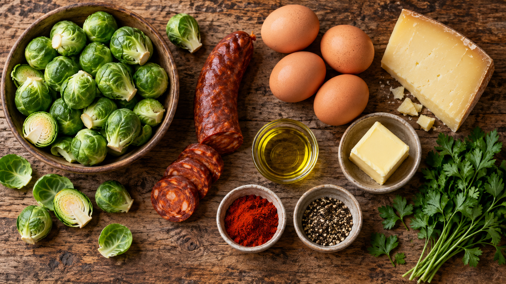 Zutaten für Keto Rosenkohl-Hash: frischer Rosenkohl, Chorizo am Stück, Eier, ein Stück Bergkäse, Butter, Olivenöl, geräuchertes Paprikapulver und Petersilie auf einem Holzbrett