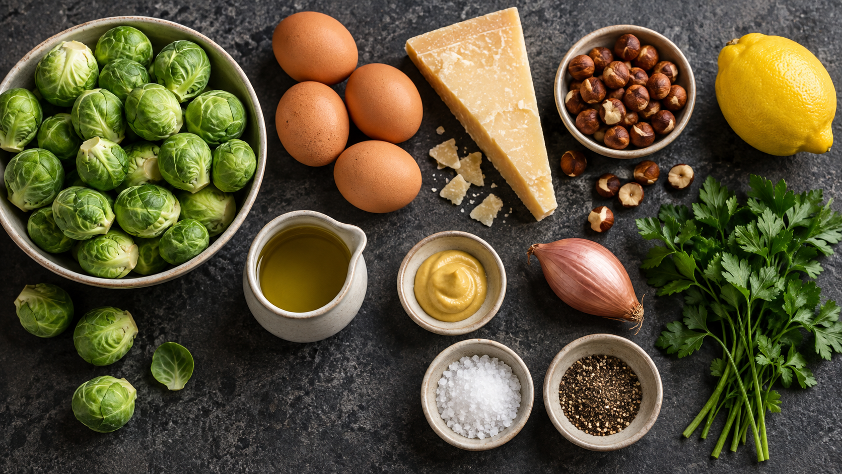 Zutaten für den Keto-Rosenkohl-Salat: frischer Rosenkohl, Stück Parmesan, Haselnüsse, Eier, Zitrone, Olivenöl, Dijon-Senf und eine Schalotte auf einer Arbeitsfläche