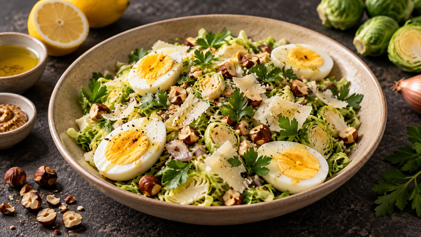 Fein gehobelter roher Rosenkohl in einer flachen Schale, vermischt mit Parmesanspänen, gerösteten gehackten Haselnüssen und halbierten hartgekochten Eiern, beträufelt mit Zitronen-Senf-Dressing