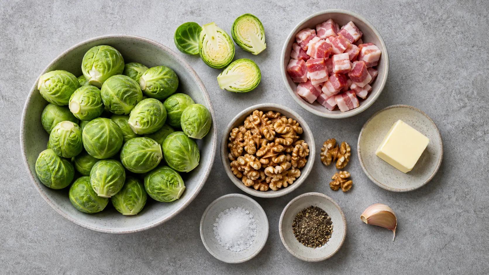 Zutaten für Rosenkohl mit Speck und Walnüssen: Rosenkohl, Speckwürfel, Walnüsse, Butter, Knoblauch, Salz und Pfeffer