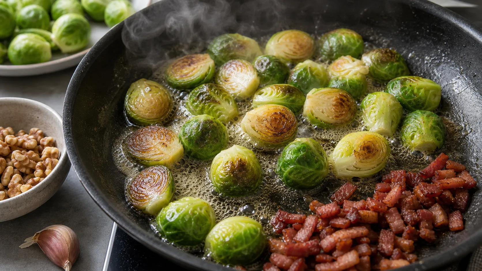 Halbierte Rosenkohlröschen braten mit der Schnittfläche nach unten in Butter und Speckfett