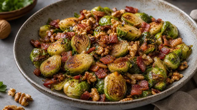 Keto-Rosenkohl mit knusprigem Speck, gerösteten Walnüssen und goldbraunen Schnittflächen
