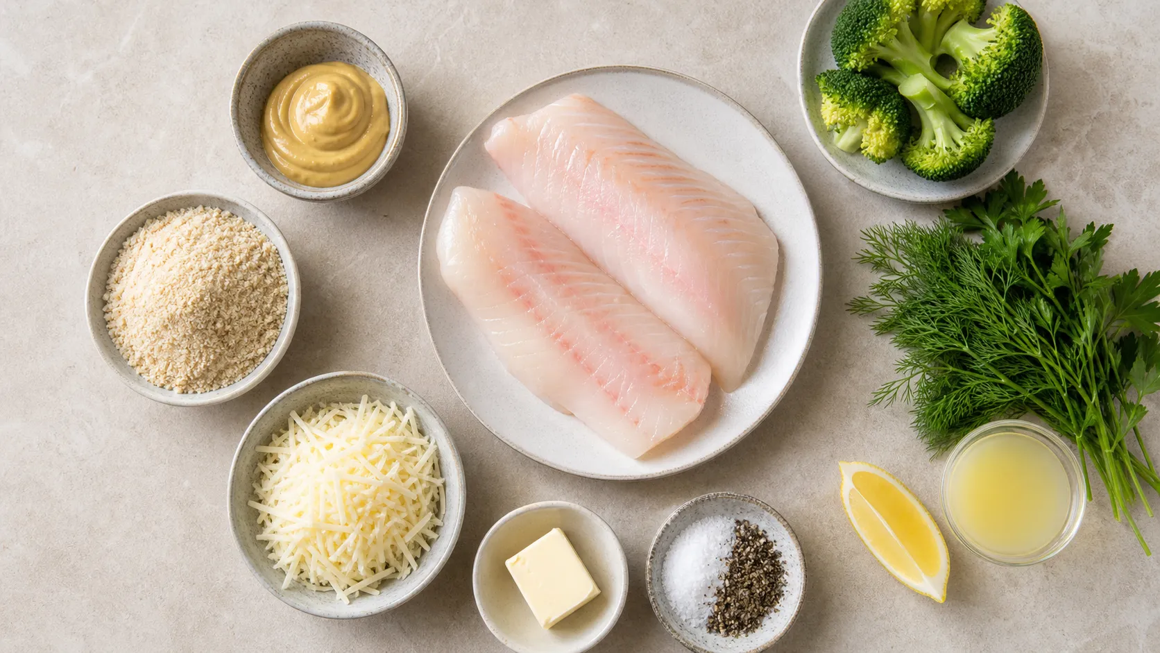 Zutaten für Keto Rotbarschfilet: Rotbarschfilets, gemahlene Mandeln, Dijon-Senf, Parmesan, Butter, Kräuter und Brokkoli