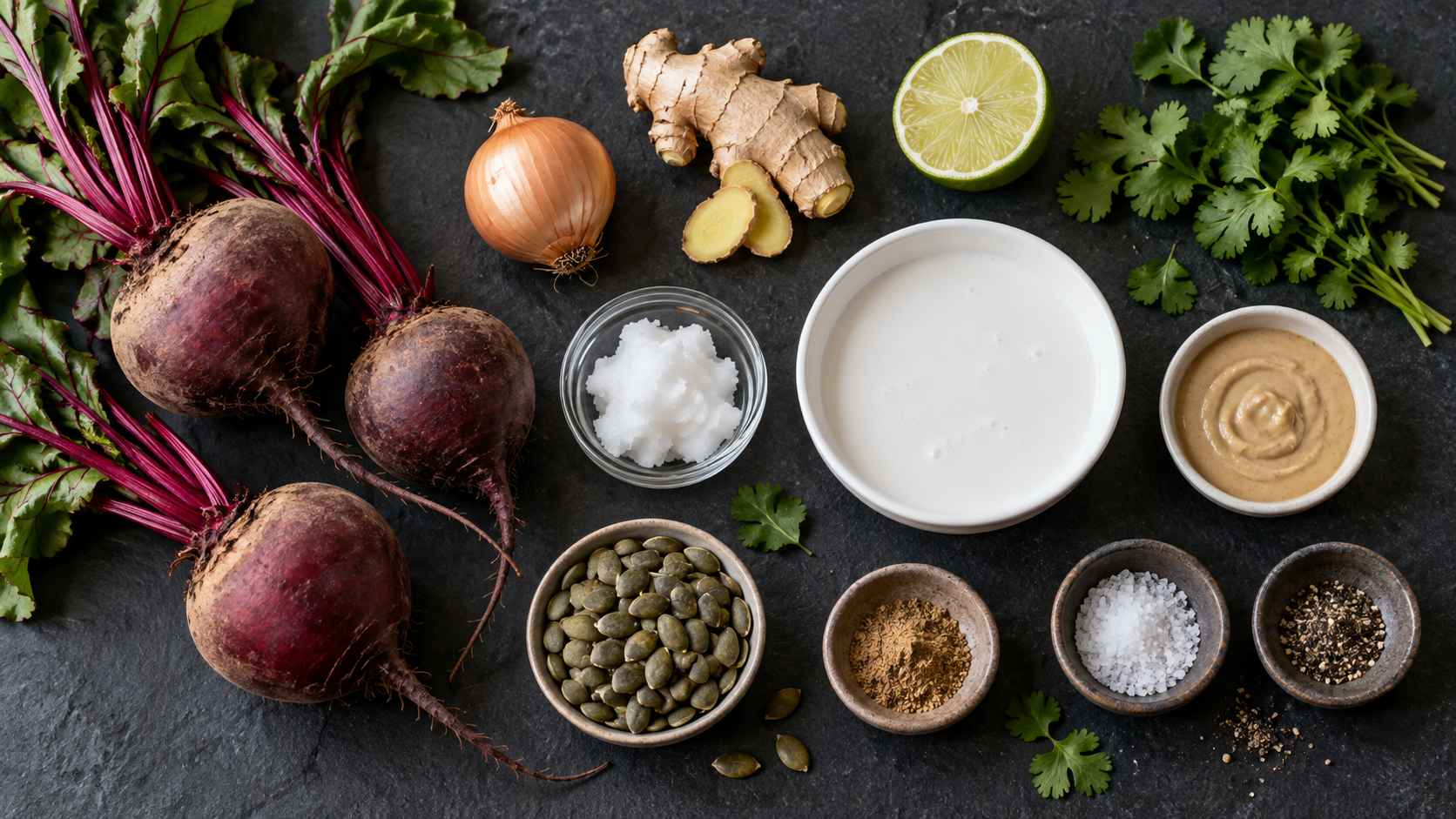 Zutaten für Keto-Rote-Bete-Cremesuppe: frische Rote Bete, Ingwerknolle, Kokosmilch, Zwiebel, Mandelmus und Kürbiskerne