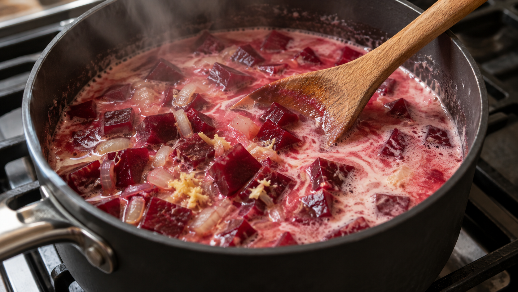 Rote-Bete-Würfel und Ingwer köcheln mit Kokosmilch in einem Topf vor dem Pürieren