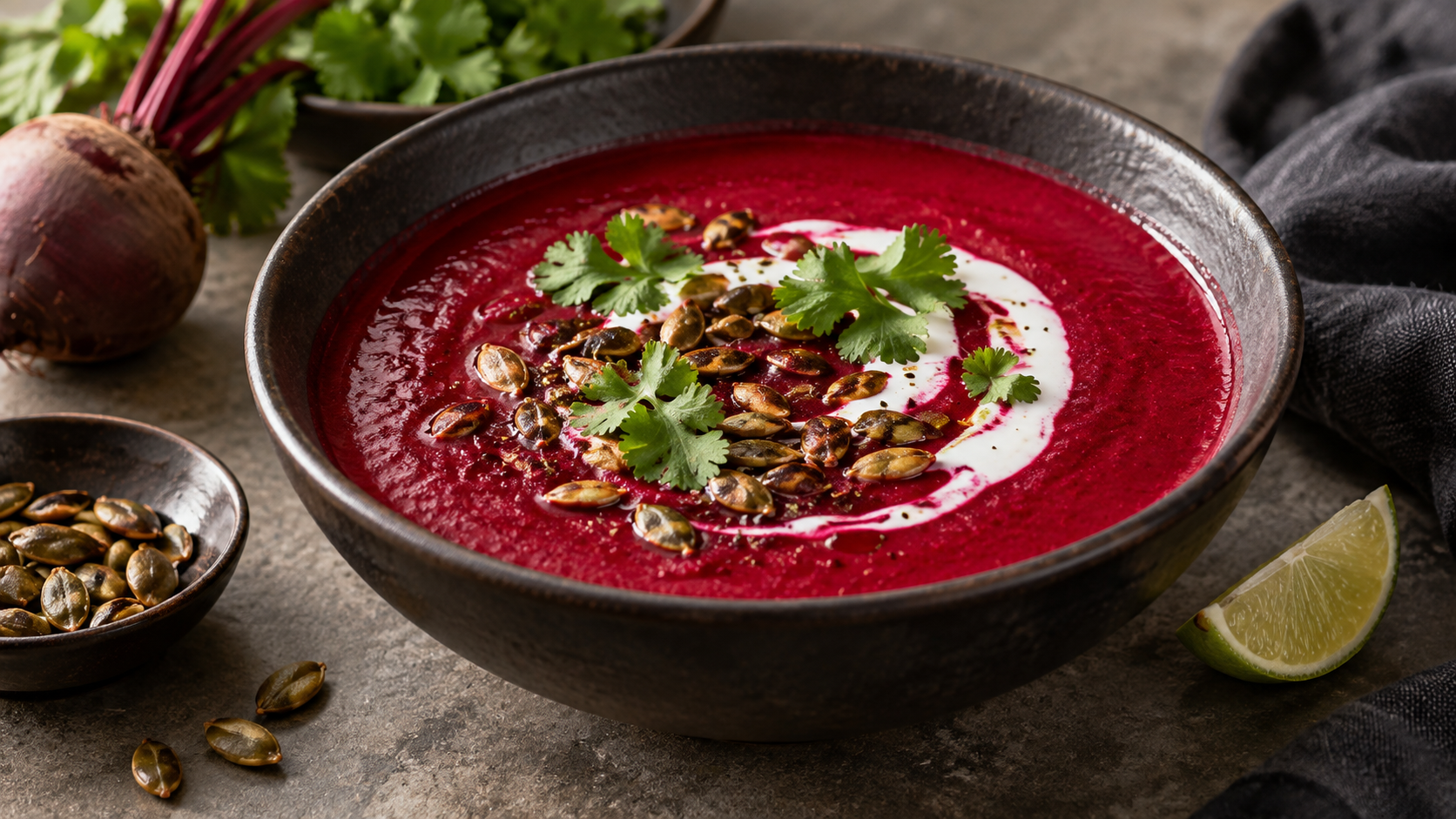 Tiefrote Keto-Rote-Bete-Cremesuppe mit Kokosjoghurt-Spirale, Kürbiskernen und Koriandergrün in einer Schale