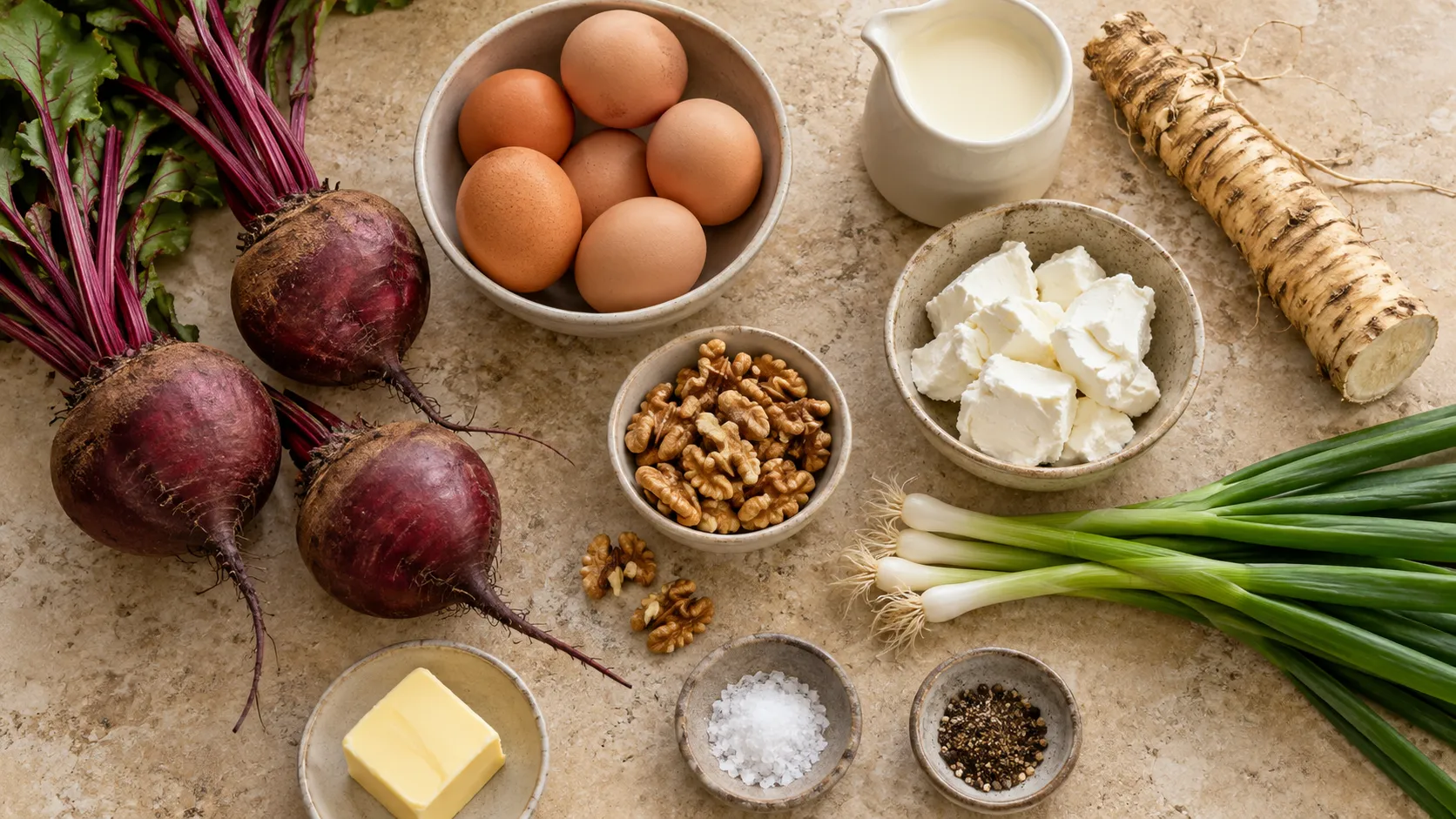 Zutaten für die Frittata: rohe Rote-Bete-Knollen, Eier, Sahne, Ziegenfrischkäse, eine Meerrettichwurzel, Walnüsse und Frühlingszwiebeln