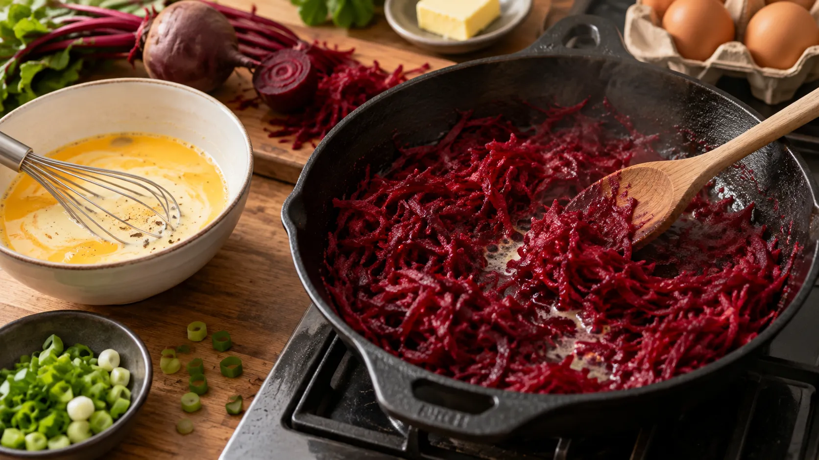 Geraspelte Rote Bete wird in einer Pfanne in Butter angeschwitzt, daneben eine Schüssel mit verquirlter Eiermasse