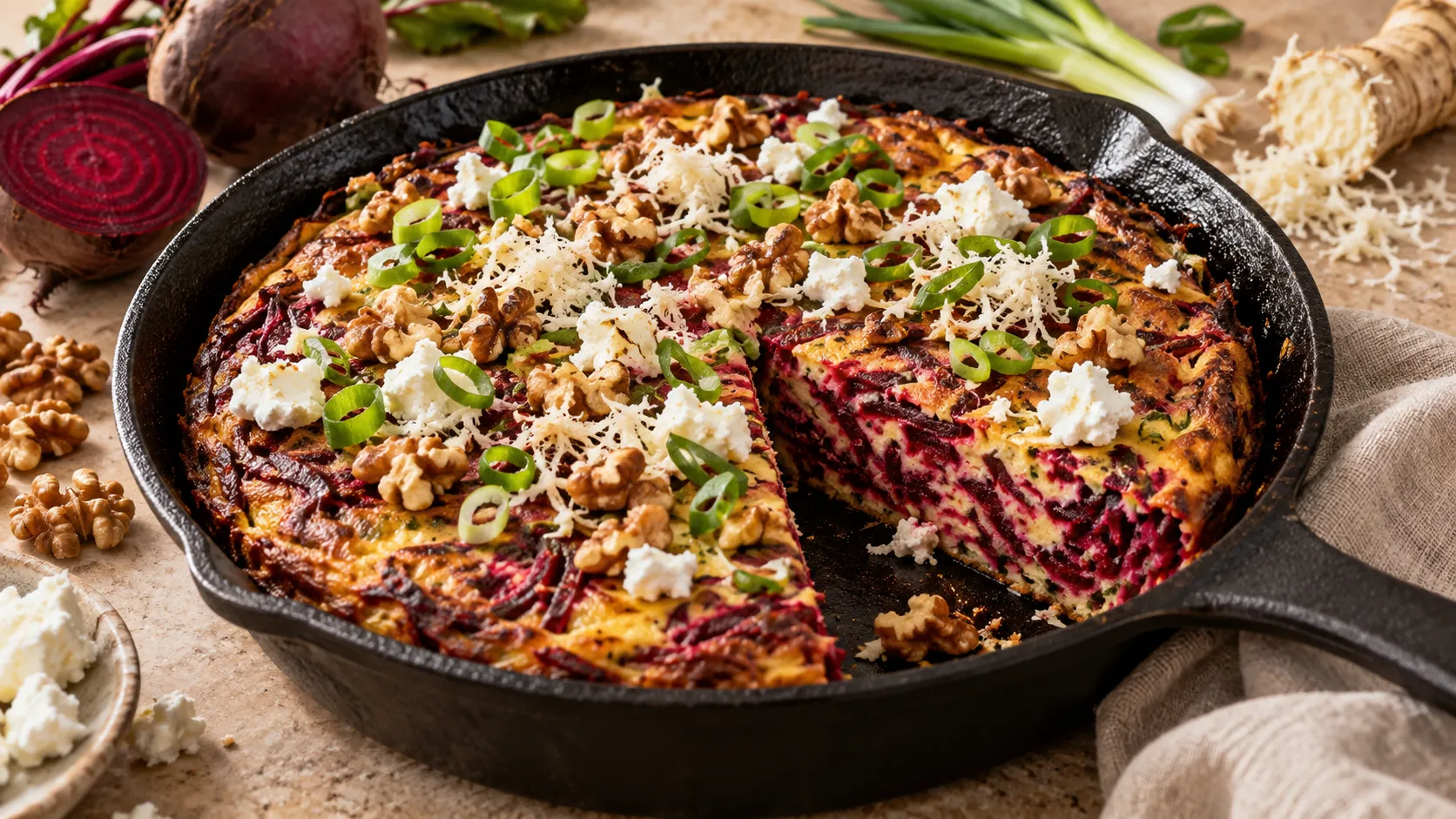 Angeschnittene Frittata mit purpurroten Rote-Bete-Raspeln, weißen Ziegenkäseflocken und Walnüssen in einer gusseisernen Pfanne