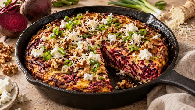 Angeschnittene Frittata mit purpurroten Rote-Bete-Raspeln, weißen Ziegenkäseflocken und Walnüssen in einer gusseisernen Pfanne