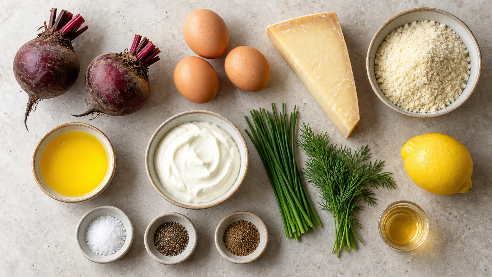 Zutaten für Keto-Rote-Bete-Rösti: rohe rote Bete, Eier, Bergkäse, Mandelmehl, Schmand und Kräuter