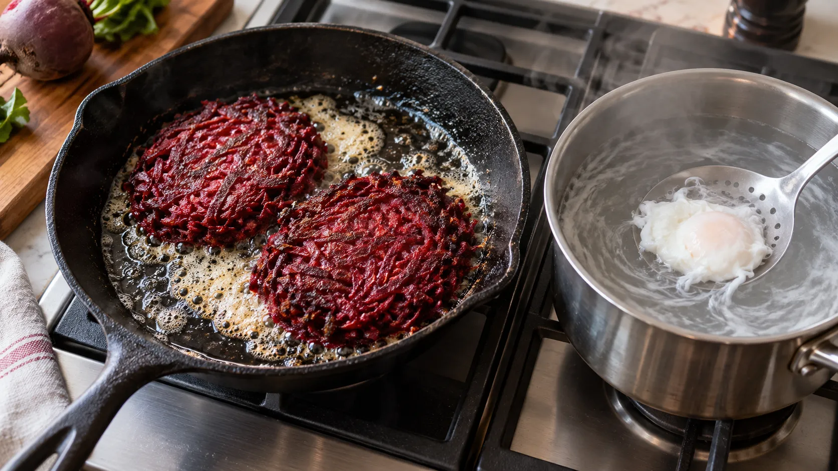 Rote-Bete-Rösti brät in der Pfanne, daneben pochiert ein Ei im Essigwasser