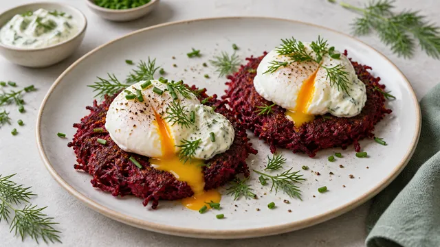 Keto-Rote-Bete-Rösti mit pochiertem Ei, Kräuterschmand und Schnittlauch auf einem Teller