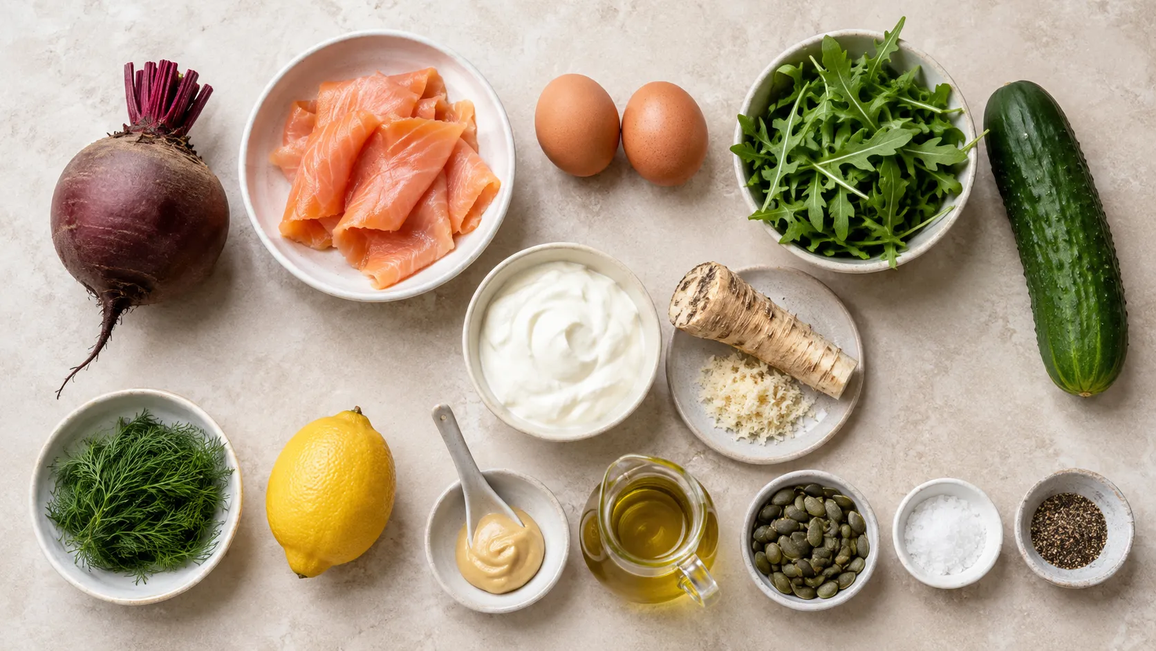 Zutaten für Keto-Rote-Bete-Salat: eine kleine rohe Rote Bete, Räucherlachs, zwei Eier, Rucola, Gurke, Schmand, Meerrettich, Dill, Zitrone, Olivenöl und Kürbiskerne