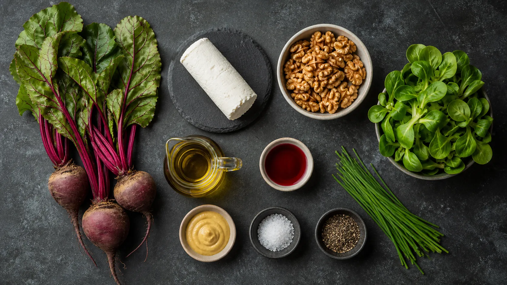 Zutaten für den Salat: junge Rote Bete mit Laub, Ziegenkäserolle, Walnusskerne, Feldsalat, Olivenöl und Rotweinessig