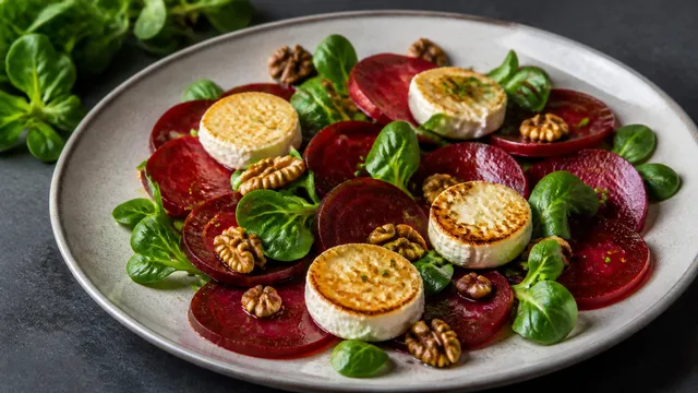 Teller mit dünn gehobelten roten Rote-Bete-Scheiben, Feldsalat, goldbraun gebratenen Ziegenkäsetalern und gerösteten Walnusskernen