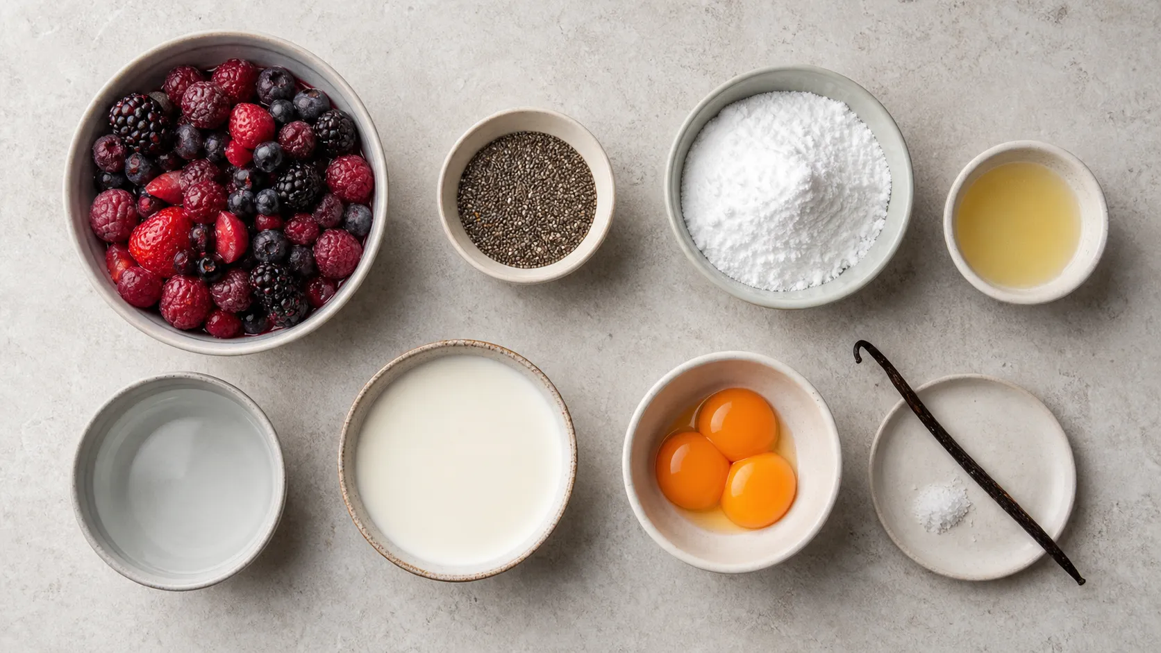 Zutaten für die Keto-Rote-Grütze: gemischte Beeren, Chiasamen, Erythrit, Sahne, Eigelb und eine Vanilleschote