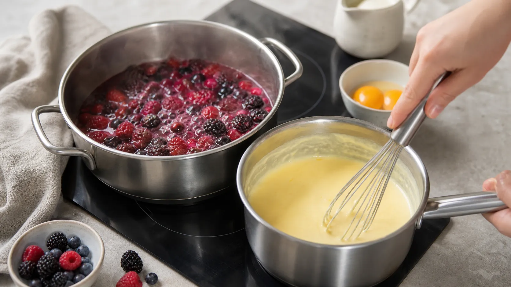 Beeren köcheln im Topf, daneben wird die Vanillesauce mit dem Schneebesen aufgeschlagen