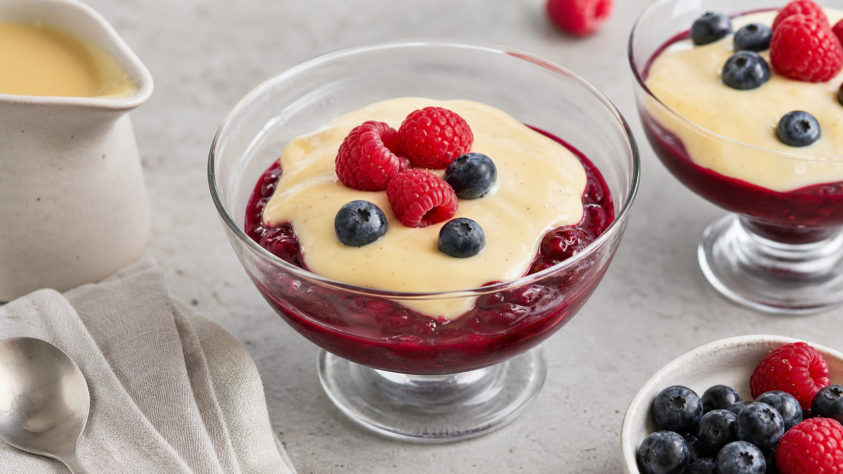 Glas mit roter Beerengrütze, darüber gegossene helle Vanillesauce und frische Beeren als Garnitur