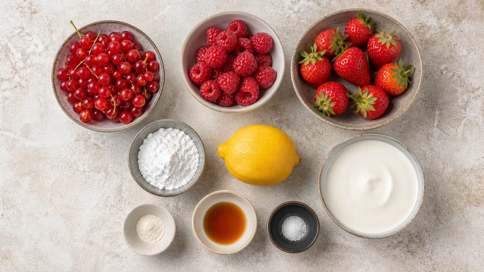 Zutaten für Keto-Rote-Grütze: rote Johannisbeeren, Himbeeren, Erdbeeren, Erythrit, Zitrone, Xanthan und Sahne